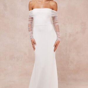 Lulus Beautifully Beloved White Mesh Off-the-shoulder Maxi Dress - Size M